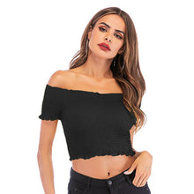 Laden Sie das Bild in den Galerie-Viewer, 1 Sommer Flare Hülse Frauen Slash Neck Top Kurzarm Strick Rüschen T-Shirt Off-schulter Sexy 2020 Frauen Elegante T-shirt - Goforvibes