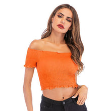 Laden Sie das Bild in den Galerie-Viewer, 1 Sommer Flare Hülse Frauen Slash Neck Top Kurzarm Strick Rüschen T-Shirt Off-schulter Sexy 2020 Frauen Elegante T-shirt - Goforvibes